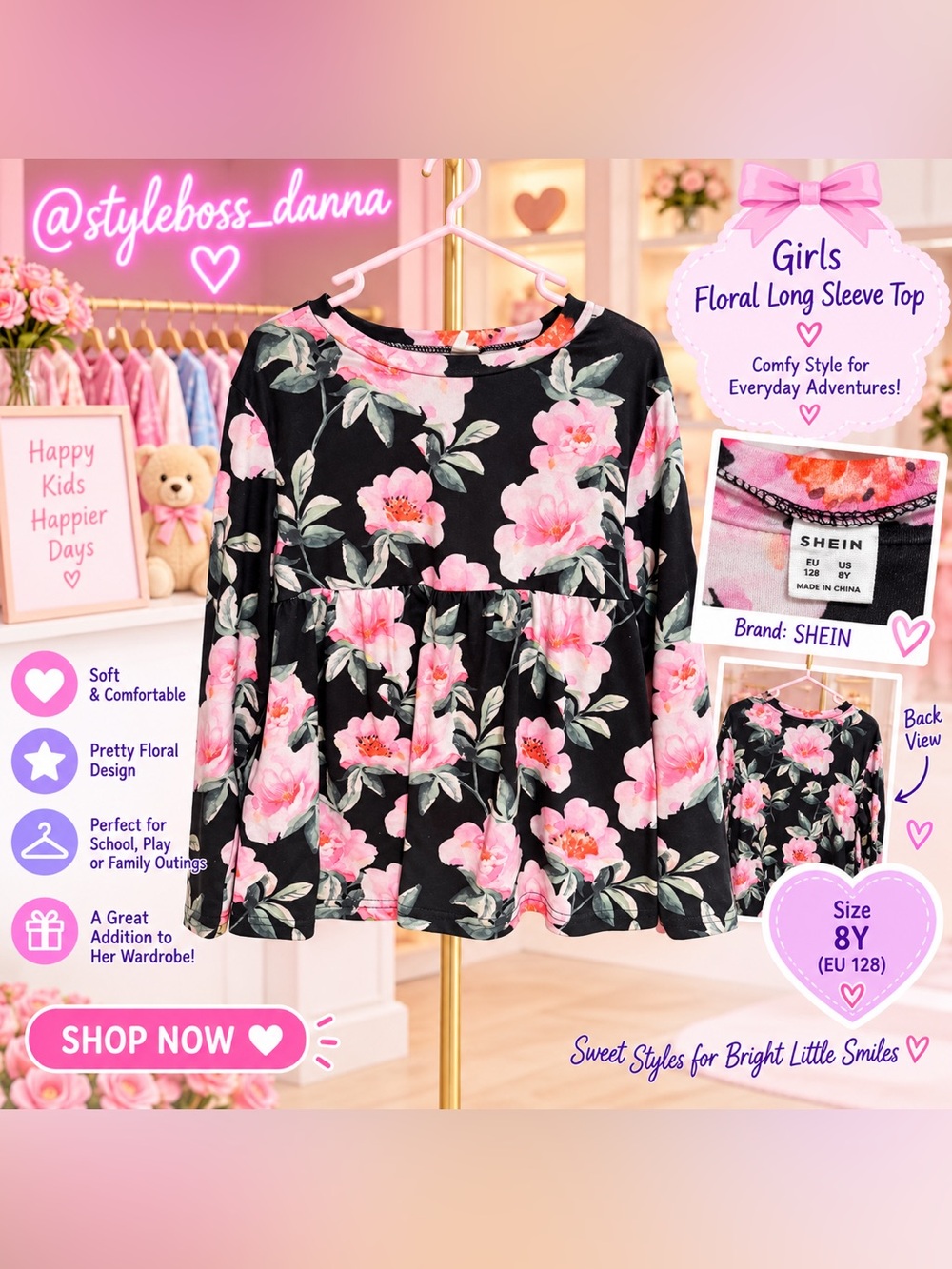 SHEIN Black Long Sleeve Top with Pink Floral Print